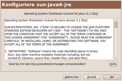 Die Lizenz für Java muss bestätigt werden.