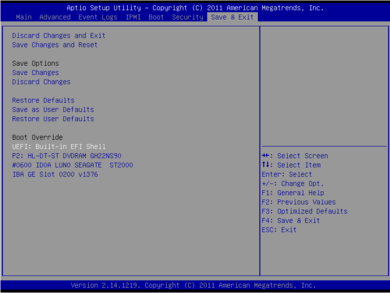 1. Select "UEFI: Build-in EFI Shell" of the "Save & Exit" menu item