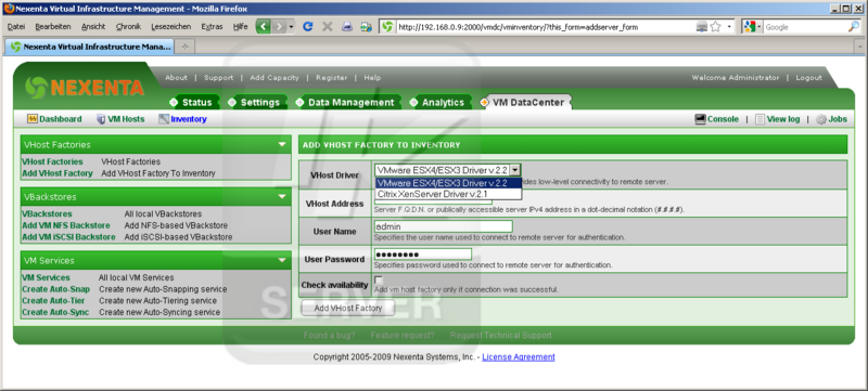 Datei:NexentaStor Screenshots 5-VM DataCenter-Inventory-Add VHost Factory.png