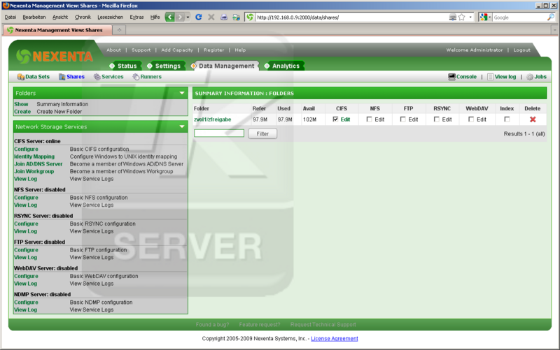 Datei:NexentaStor Screenshots 3-Data Management-Shares.png