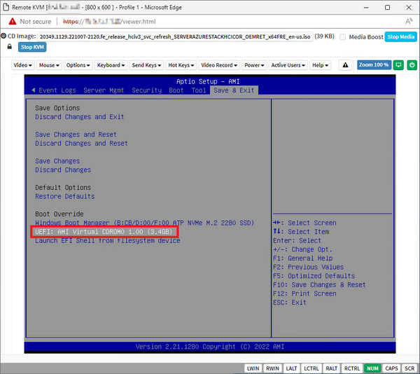 UEFI: AMI Virtual CDROM Booteintrag auswählen, um von dem gemounteten ISO-Image zu booten