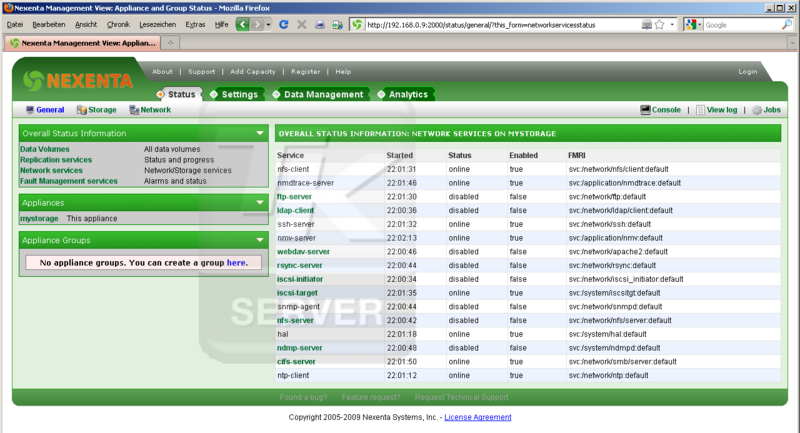 Datei:NexentaStor Screenshots 1-Status-General-Network Services.png