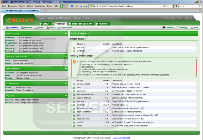 Datei:NexentaStor Screenshots 2-Settings-Appliance-Plugins.png