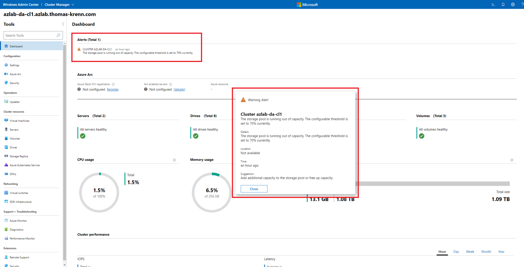 Azure Stack HCI Warnung im Windows Admin Center - Storage Pool is ...