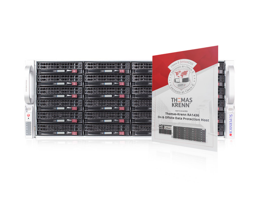 RA1436 On & Offsite Data Protection Host (Open-E) - Frontalansicht mit Open-E Zertifikat RA1436 On & Offsite Data Protection Host (Open-E) - Frontalansicht mit Open-E Zertifikat