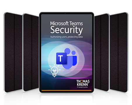 E-Book-Cover - Microsoft Teams Security E-book cover: Microsoft Teams Security with Teams logo, light bulb and Thomas-Krenn branding
